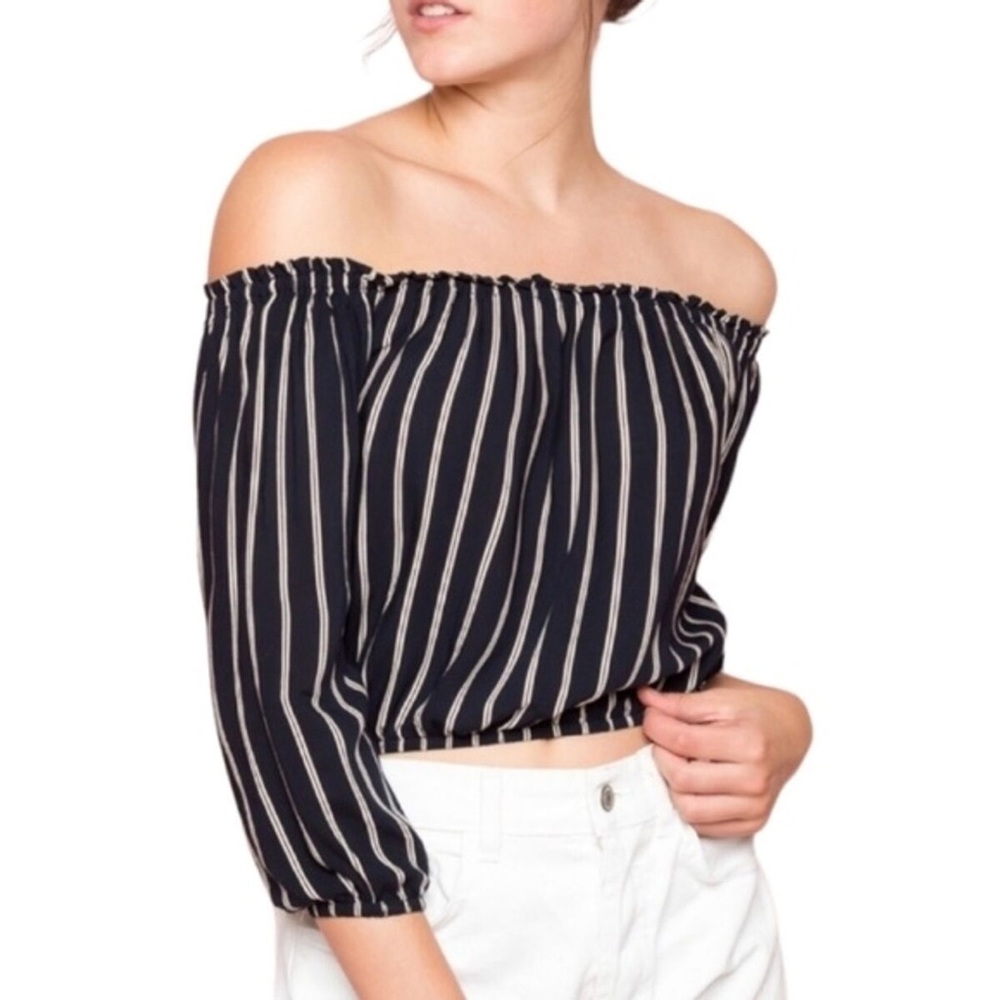 Rare Brandy Melville Maura Navy Striped Off Shoulder Crop Top